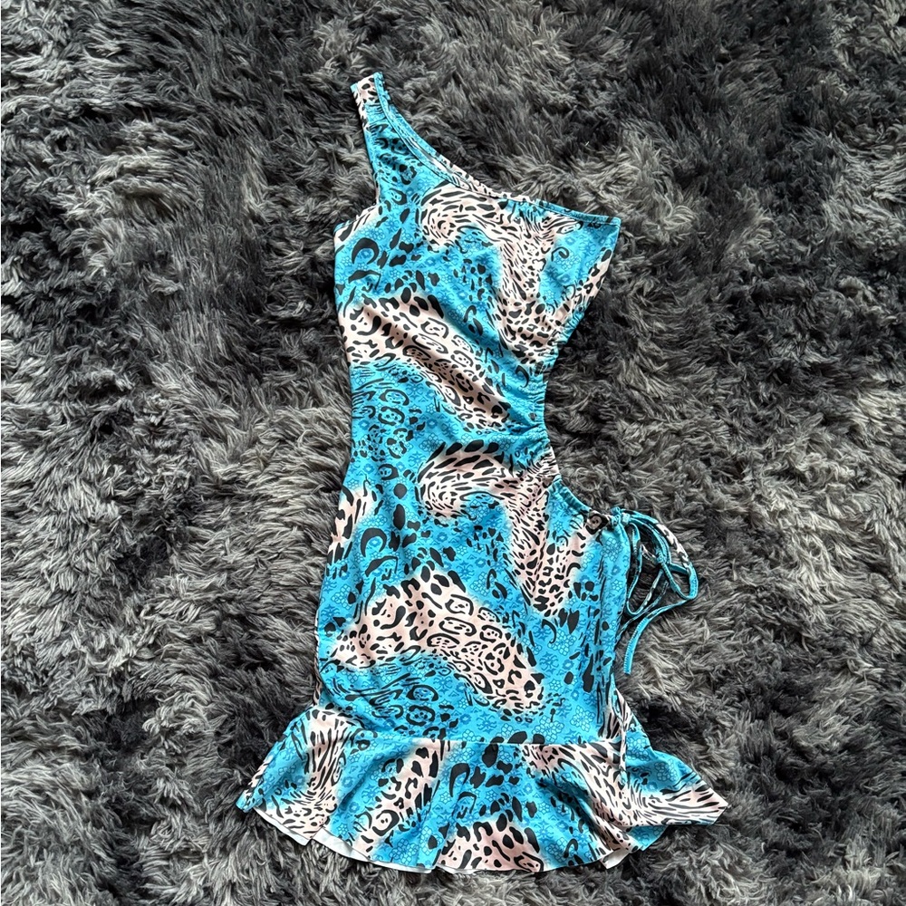 Blue One-Shoulder Animal Print Mini Dress – Size Small (NWT)
